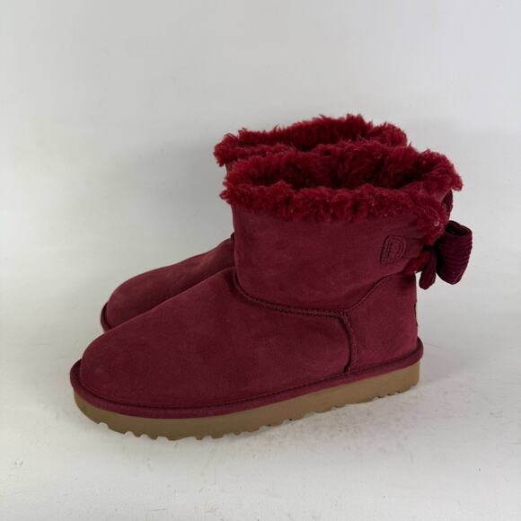 UGG Mini Bailey Bow Glimmer Velvet Ribbon Boot Women's 7 Red Woven winter Shoes - Picture 5 of 10